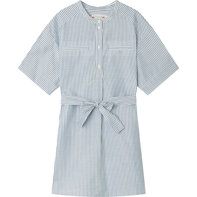 Carmel Short Cuffed Sleeve Tie-Belt Stripped Dress, Slate Green