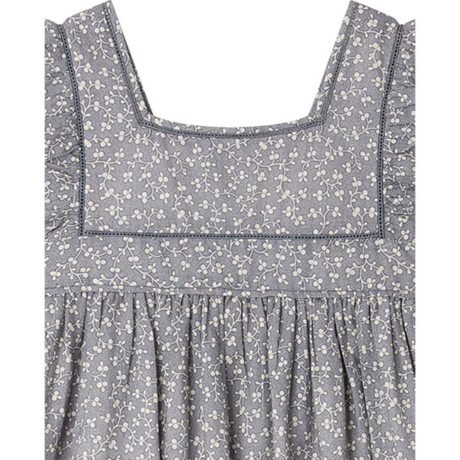 Cassiopee Floral Print Square Neck Ruffled Sleeve Dress, Blue Grey - Dresses - 3