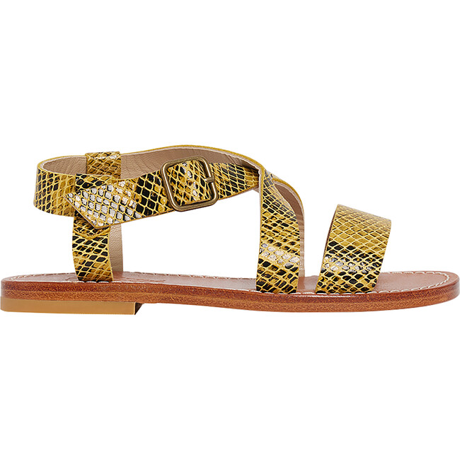 Caina Cross-Over Strap Reptile Print Sandals, Acid Yellow