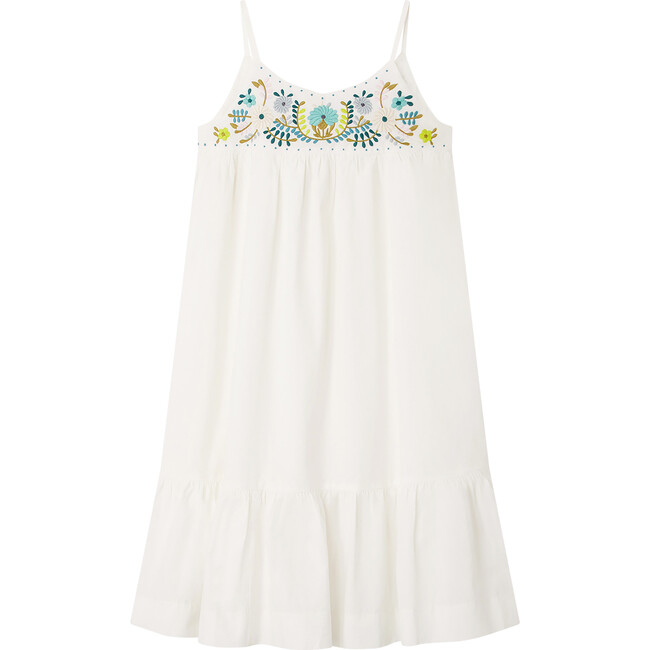 Anya Poplin Contrast Button Floral Embroidered Dress, Milk White