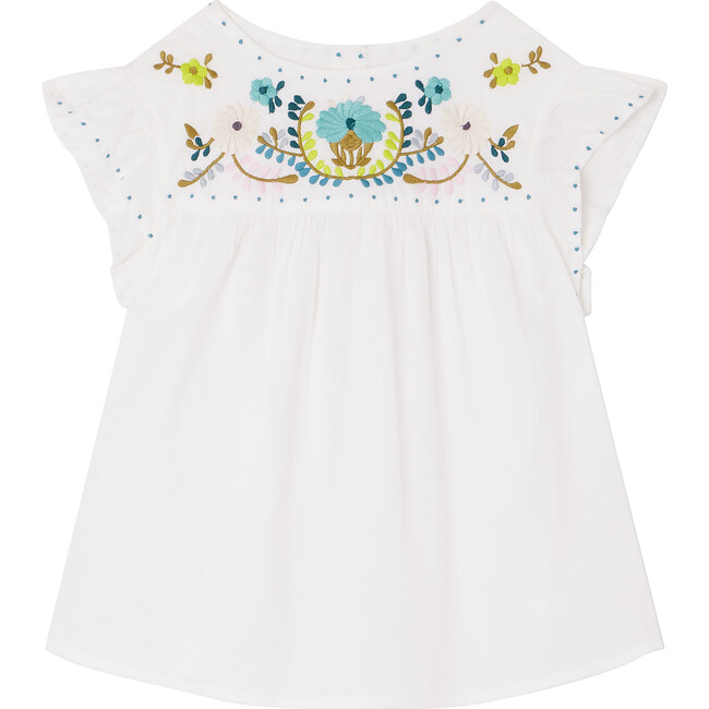 Althea Short Sleeve Hand-Embroidered Blouse, Milk White