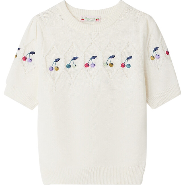 Alphonza Short Sleeve Geometric Knit Cherry Sweater, White