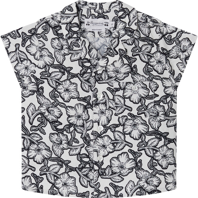 Gerald Rounded Notched Collar Short Sleeve Print Shirt, Black Flowers