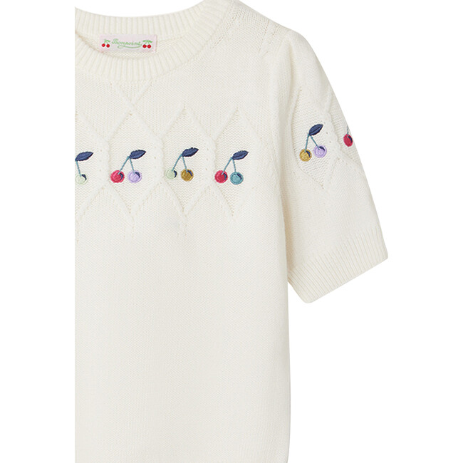 Alphonza Short Sleeve Geometric Knit Cherry Sweater, White - Sweaters - 3