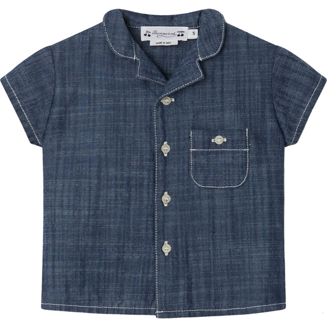 Gerald Rounded Notched Collar Short Sleeve Chambray Shirt, Blue - Shirts - 1