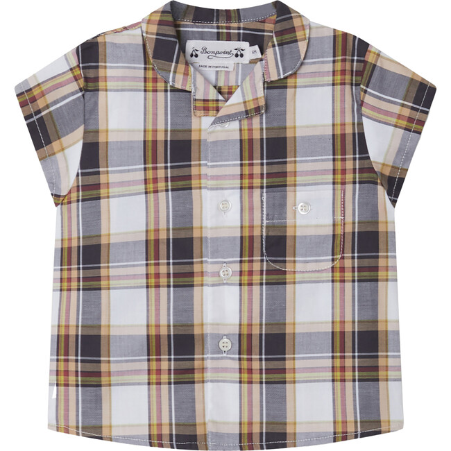 Gerald Rounded Notched Collar Short Sleeve Plaid Shirt, Black