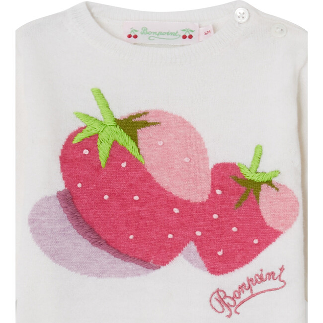 Almire Ribbed Crew Neck Strawberry Motif Sweater, White - Sweaters - 3