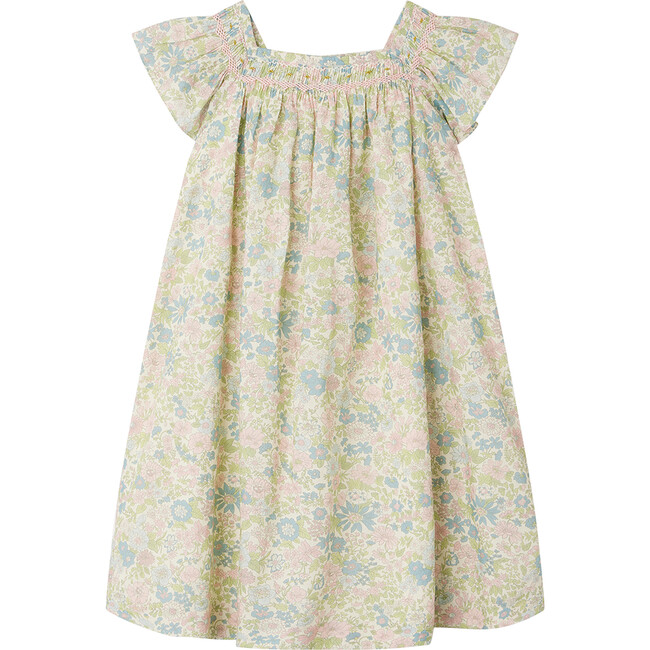 Coryse Liberty Print Short Ruffled Sleeve Smock Dress, Pink Flowers - Dresses - 2