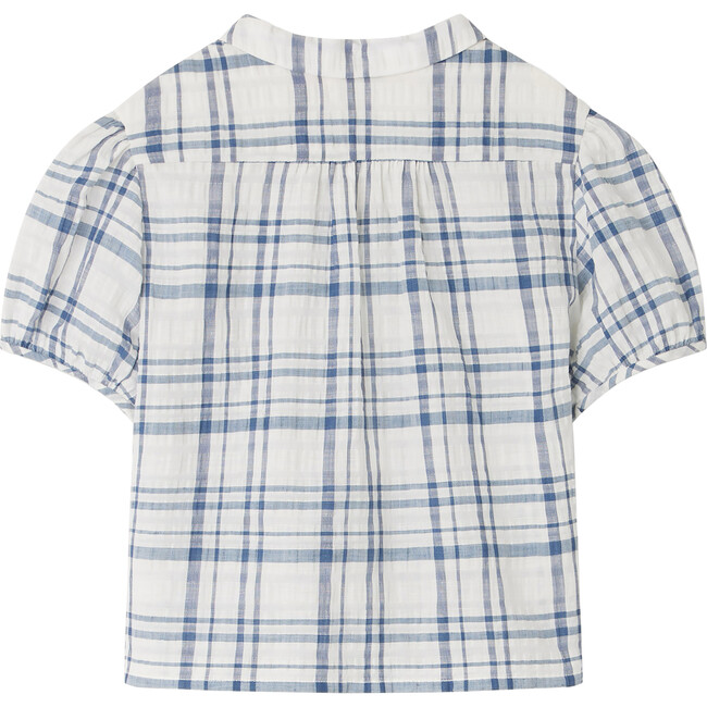 Adele Seersucker Short Sleeve Plaid Blouse, Blue - Blouses - 2