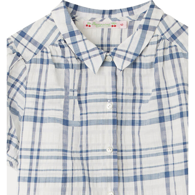 Adele Seersucker Short Sleeve Plaid Blouse, Blue - Blouses - 3