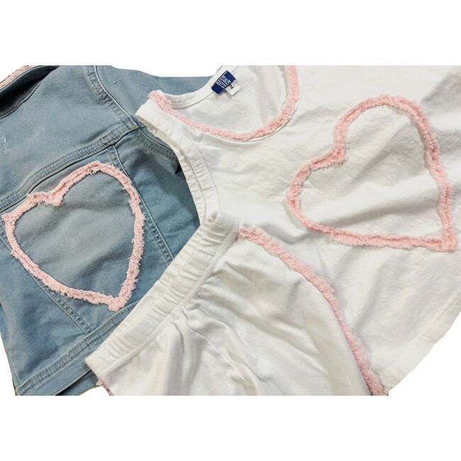 Long Sleeve Light Wash Denim Jacket, Pink Heart