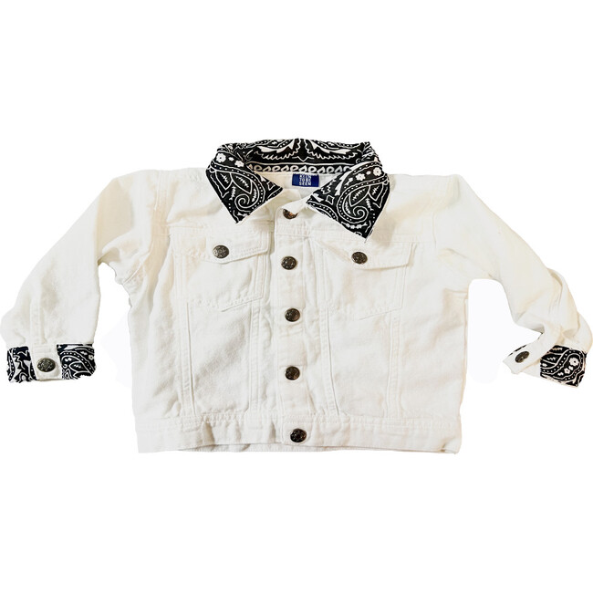 Long Sleeve Bandana Cuff Denim Jacket, White And Black - Jackets - 1