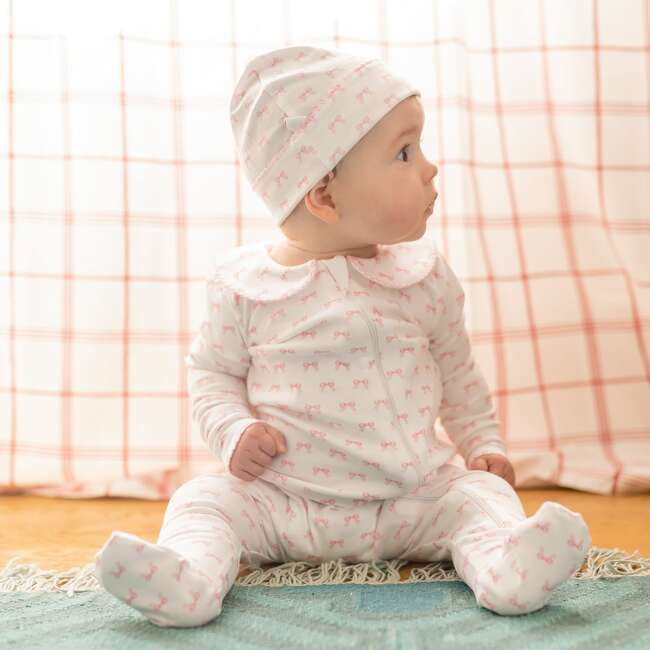 Scallop Trim Infant Hat, Pink Bows Print - Hats - 3