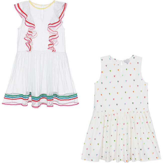 2pc Heart Print Ruffle Overlay Dress, White - Dresses - 2