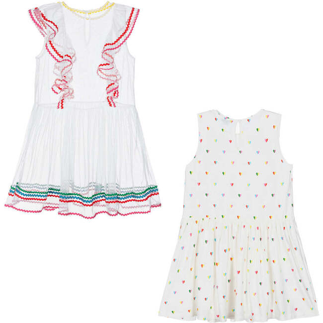 2pc Heart Print Ruffle Overlay Dress, White - Dresses - 3