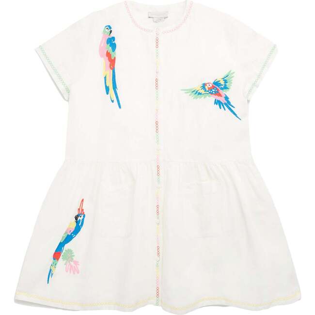 Parrot Embroidered Dress, White
