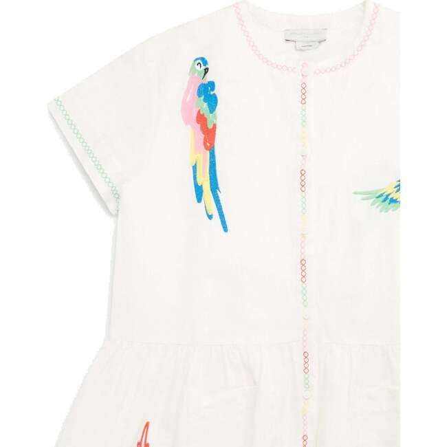 Parrot Embroidered Dress, White - Dresses - 2