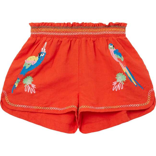 Parrot Embroidered Shorts, Red