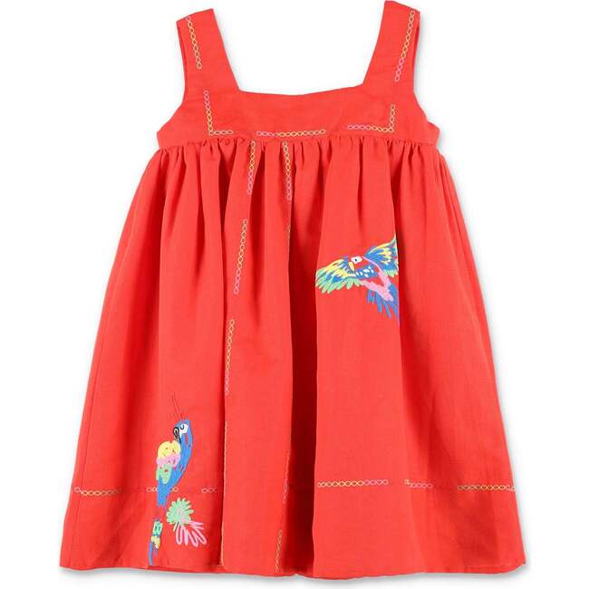 Sleeveless Linen Parrots Dress, Red