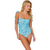 Women's Indie Floral Print One-Piece Swimsuit, Dark Aqua Floral - One Pieces - 1 - thumbnail
