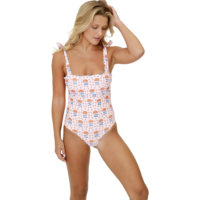 Women's Indie Block Print One-Piece Swimsuit, Coral