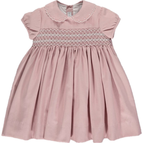 Malena Embroidered Scalloped Collar Puff Sleeve Dress, Pink - Dresses - 1