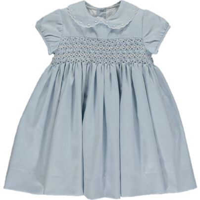 Malena Embroidered Scalloped Collar Puff Sleeve Dress, Blue