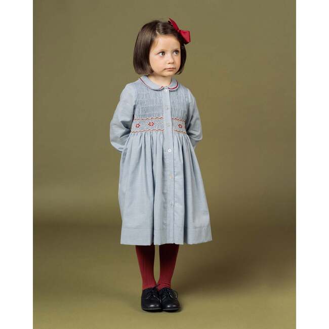 Aria Long Sleeve Hand-Smocked Dress, Blue Mini Houndstone - Dresses - 3