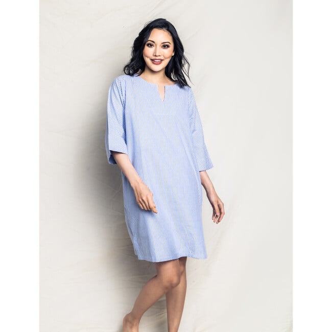 Women's Short Caftan, Blue Seersucker - Pajamas - 2