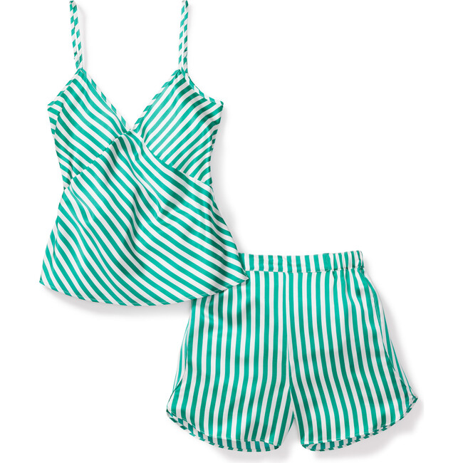 Women's Mulberry Silk Camisole Short Set, Green Stripe