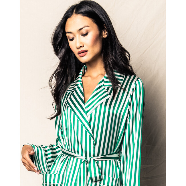 Women's Long Mulberry Silk Robe, Green Stripe - Pajamas - 3