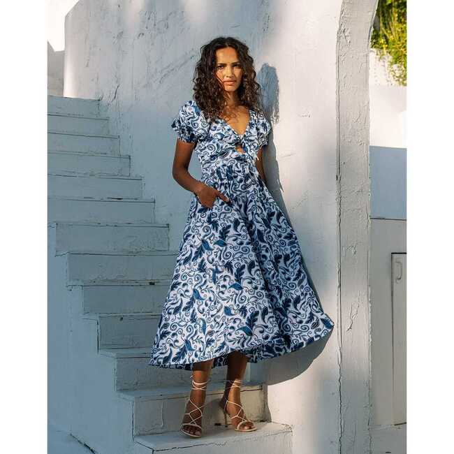 Women's Reza Midi Dress, Azulejo - Dresses - 3