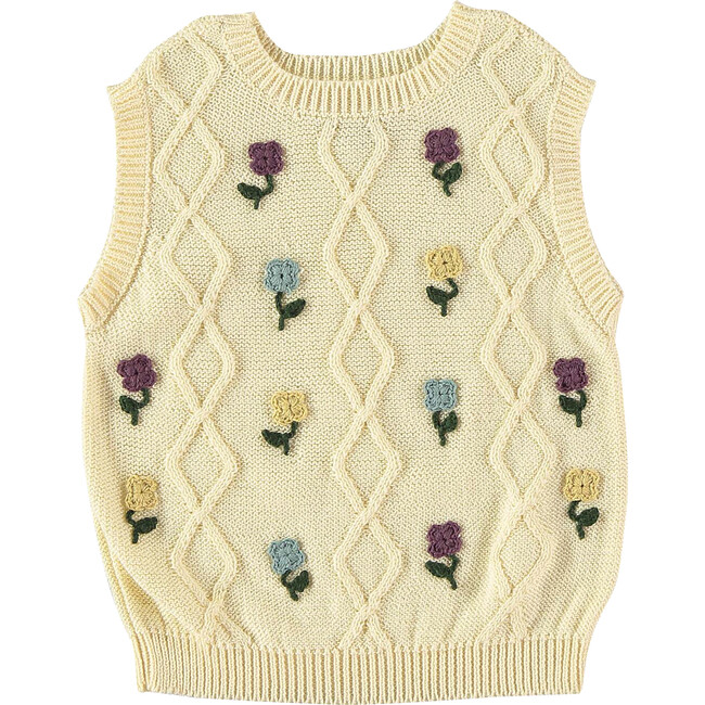 Baby Floral Embroidered Knit Crew Neck Vest, Light Yellow