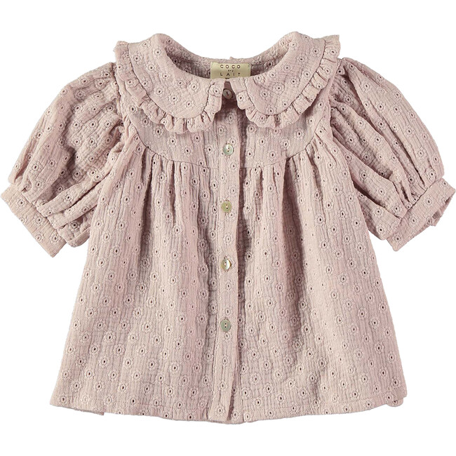 Baby British Embroidery Peter Pan Collar Puff Sleeve Buttoned Dress, Pink