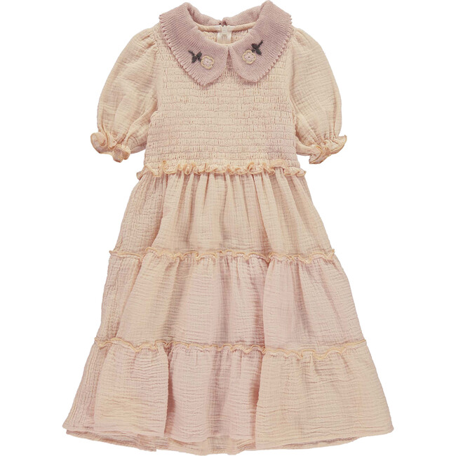 Embroidered Collar Puff Sleeve Smock Dress, Pink