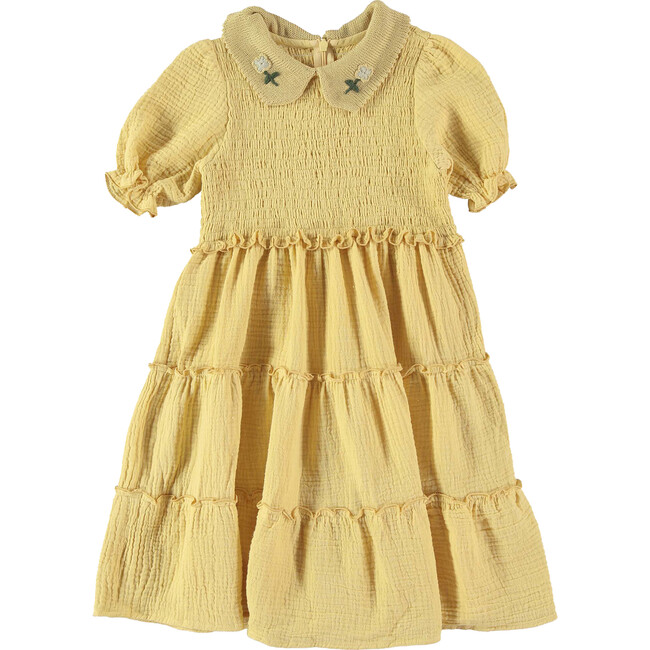 Embroidered Collar Puff Sleeve Smock Dress, Yellow
