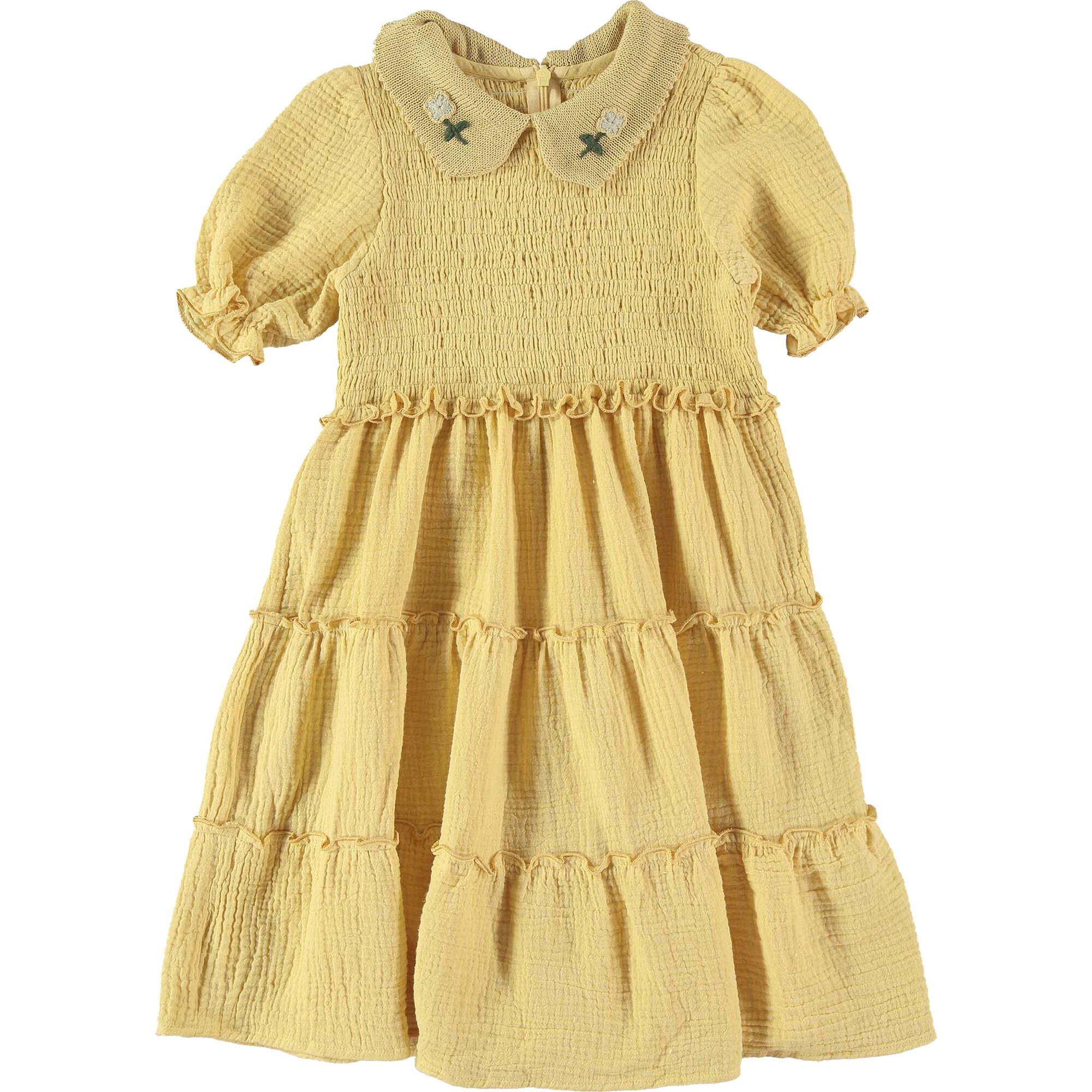 Embroidered Collar Puff Sleeve Smock Dress, Yellow - Dresses - 1