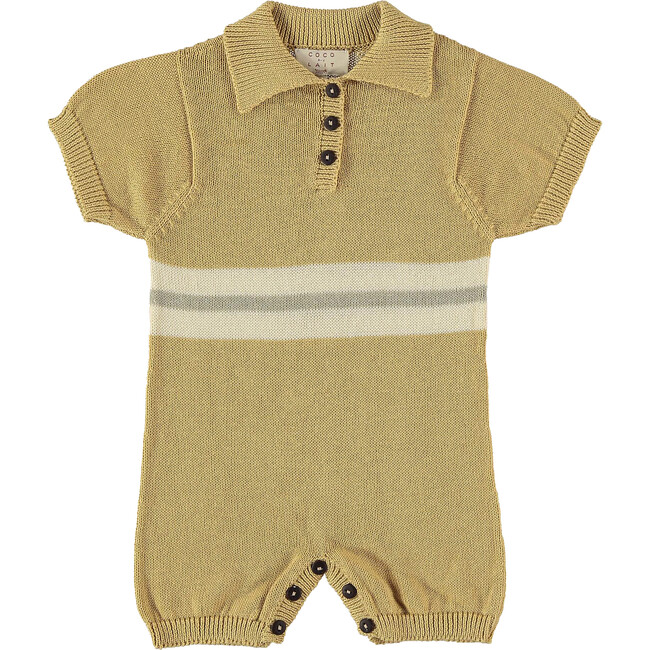 Buttoned Short Sleeve Striped Polo Romper, Yellow
