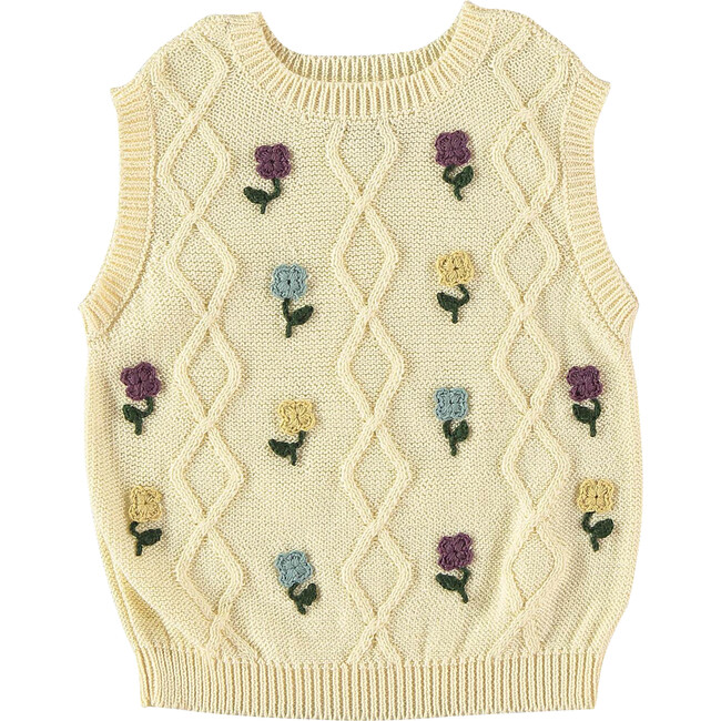 Floral Embroidered Knit Crew Neck Vest, Light Yellow