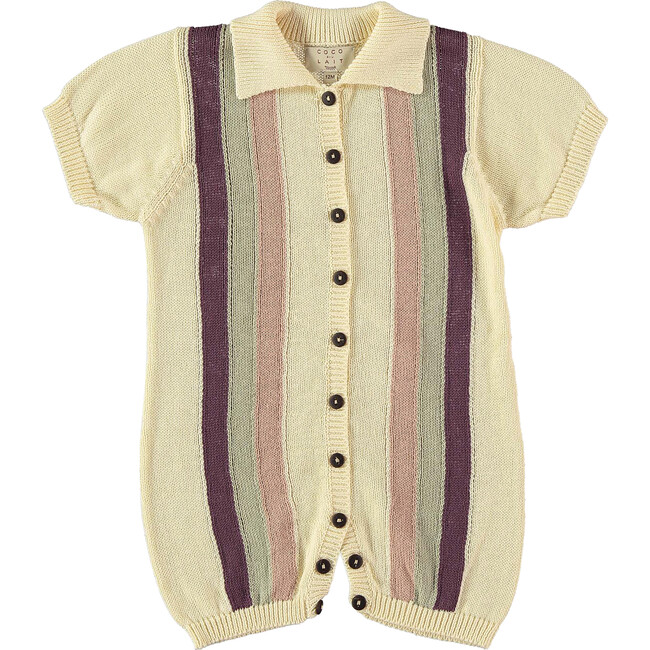3-Woven Stripped Buttoned Knit Polo Romper, Light Yellow