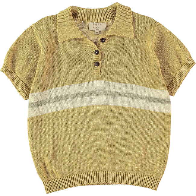 Striped Short Cuff Sleeve Knit Polo Shirt, Yellow
