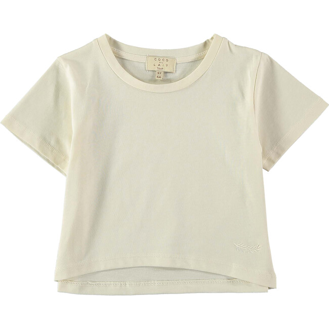 Plain Color Embroidered Logo Cropped Oversized T-Shirt, Cream