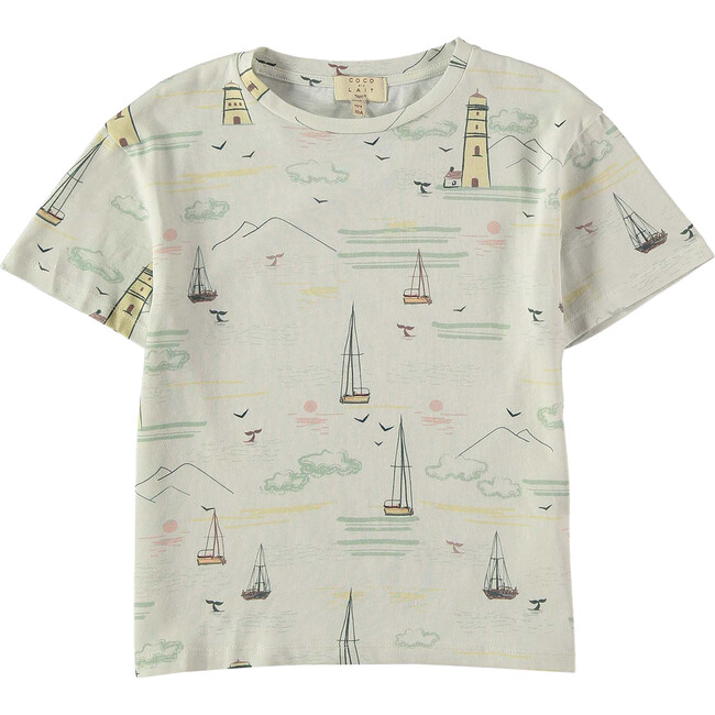Ships Of The Seas Print Round Neck Short Sleeve T-Shirt, White - T-Shirts - 1