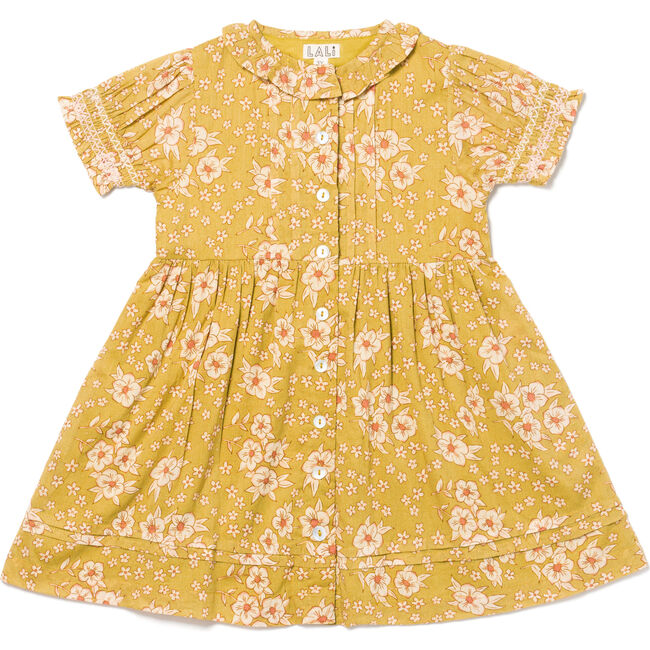 Ivy Print Short Puff Sleeve Dress, Mustard Flower