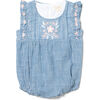 Flora Gingham Front Embroidered Romper, Blue - Onesies - 1 - thumbnail