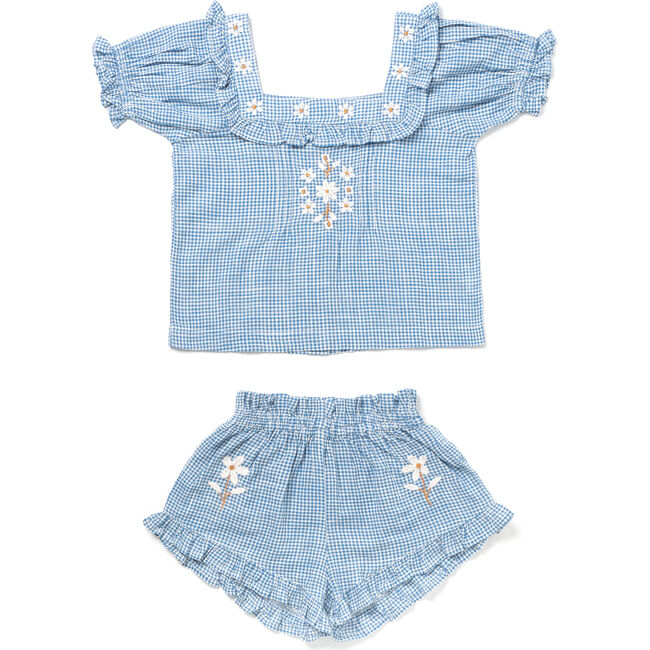 Blossom Gingham Puff Sleeve Short Set, Blue - Mixed Apparel Set - 1