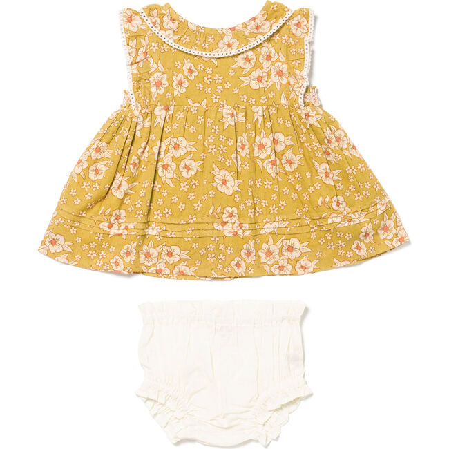 Ari Print Lace Trim Ruffle Sleeve Dress Set, Mustard Flower