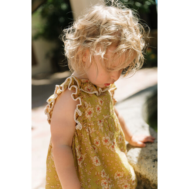 Ari Print Lace Trim Ruffle Sleeve Dress Set, Mustard Flower - Mixed Apparel Set - 2