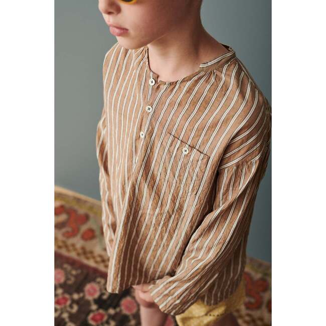 Adonis Collarless Stripe Shirt, Beige - Shirts - 2