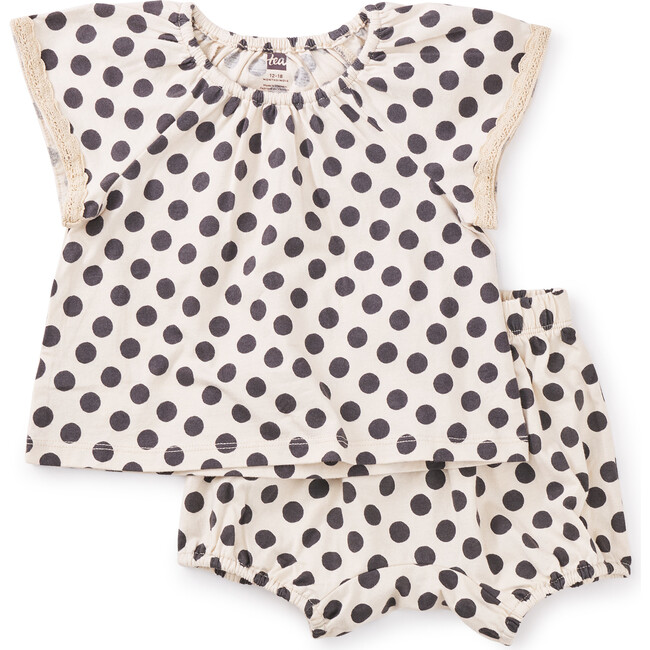 Polka Dot Printed Crochet Trim 2-Piece Baby Set, Black And White